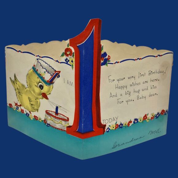 1942 Pop Up 1 year-old Birthday Hat Chick Duck Vintage Rust Craft Die-Cut Card - Picture 1 of 11
